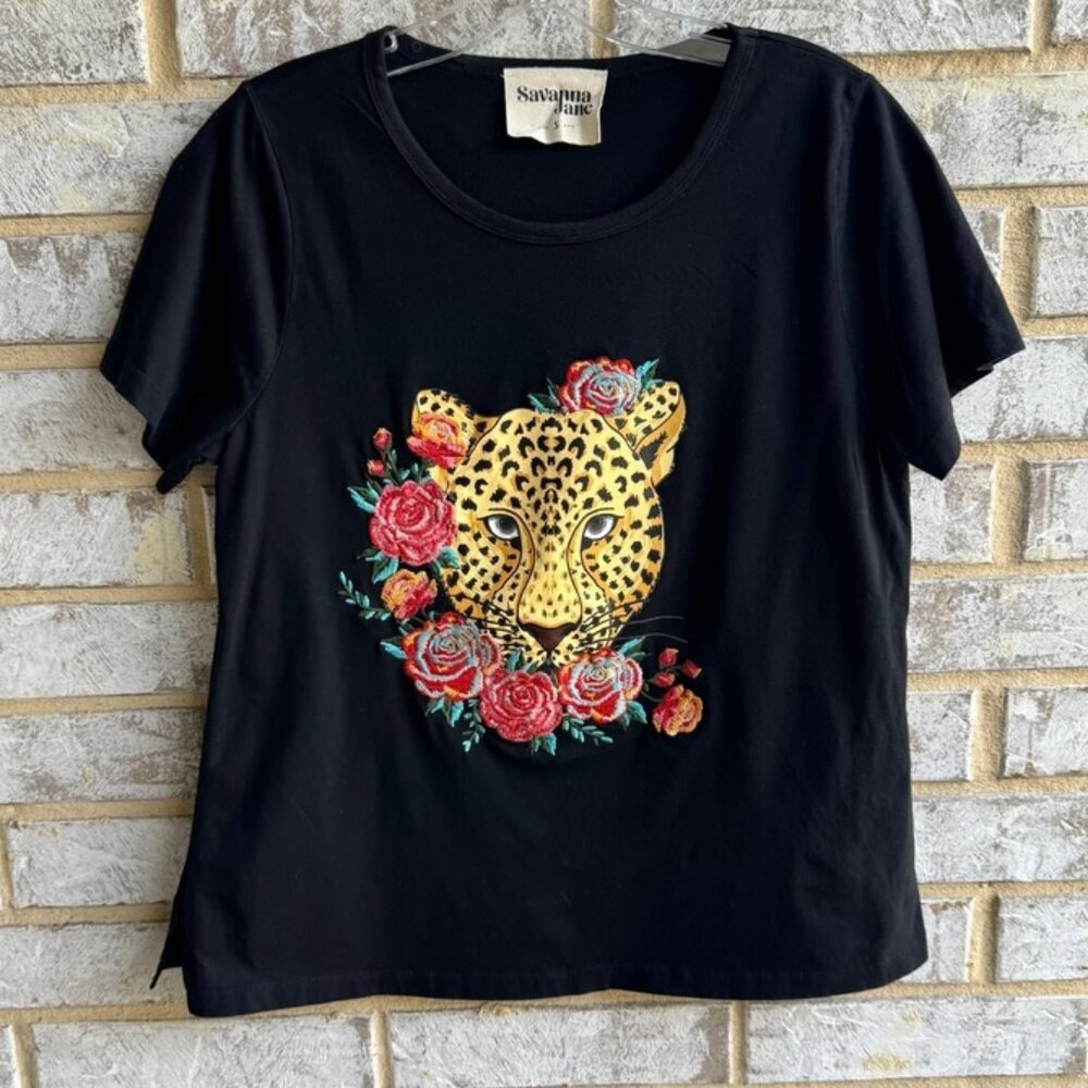 Savanna Jane Floral Embroidered Leopard Short Sleeve T-Shirt Women's Size S